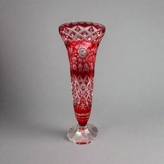 Bohemian Crystal Vintage Cranberry Red Cut To Clear Footed Art Glass Vase 13.75"