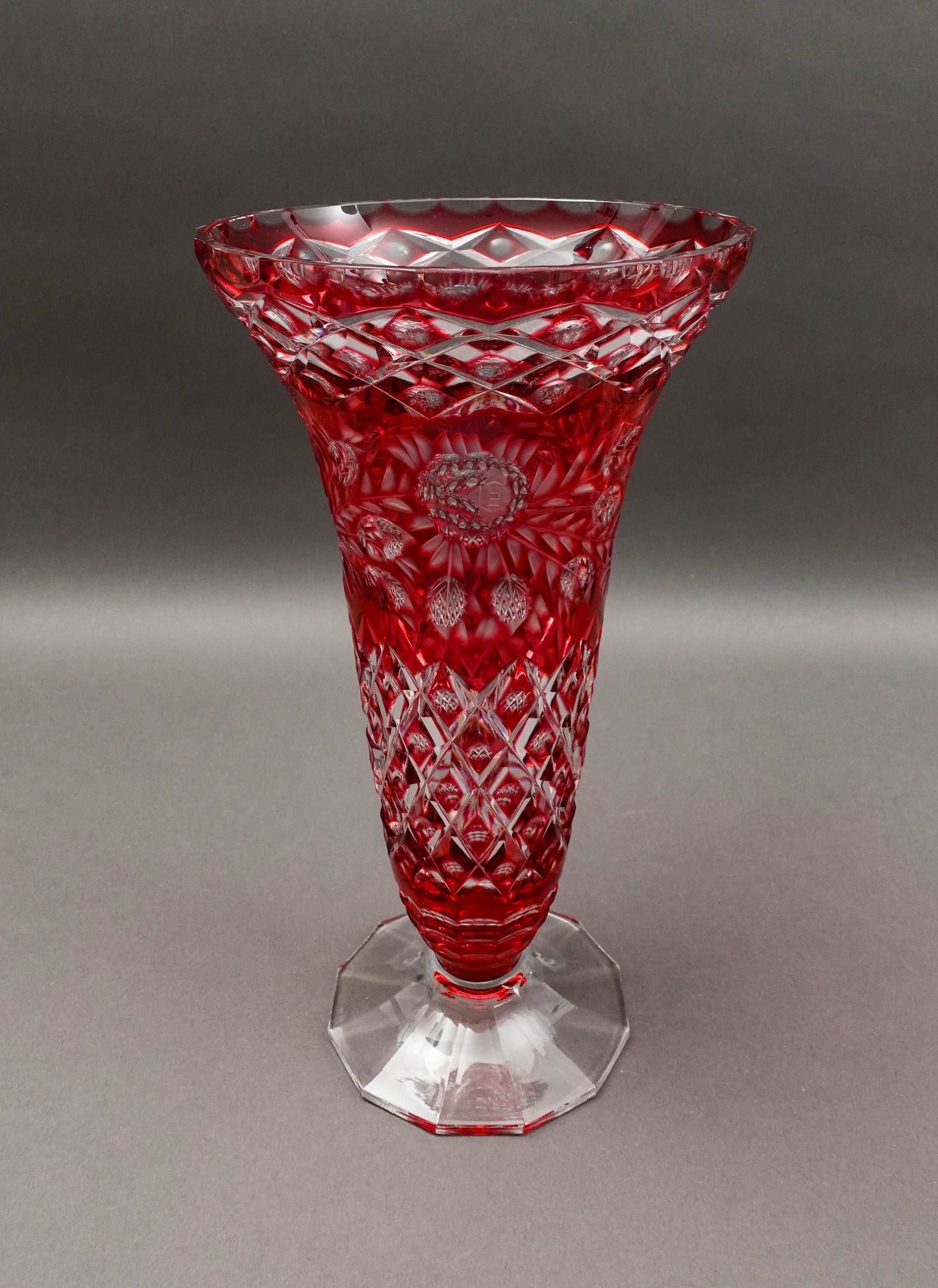 Bohemian Crystal Vintage Cranberry Red Cut To Clear Footed Art Glass Vase 13.75"