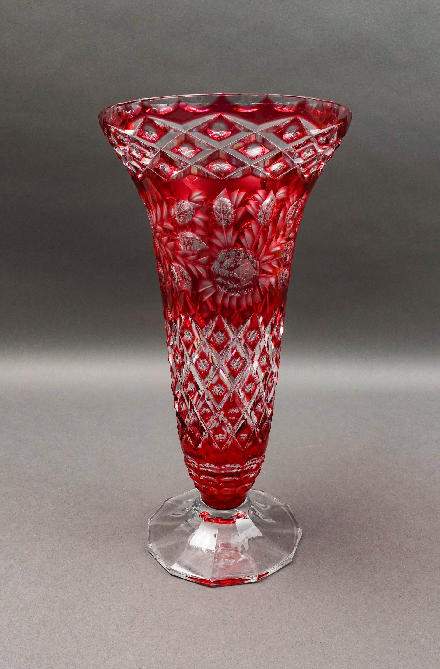 Bohemian Crystal Vintage Cranberry Red Cut To Clear Footed Art Glass Vase 13.75"
