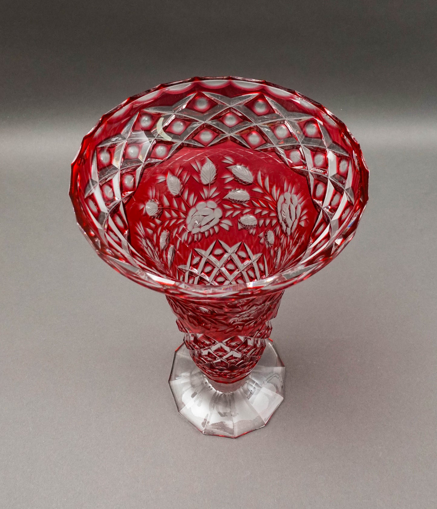 Bohemian Crystal Vintage Cranberry Red Cut To Clear Footed Art Glass Vase 13.75"