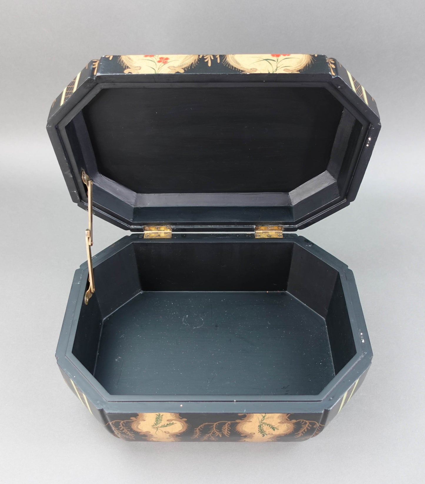 Maitland Smith Hand Painted Fabric Black Floral Design Wood Interior Hinged Box