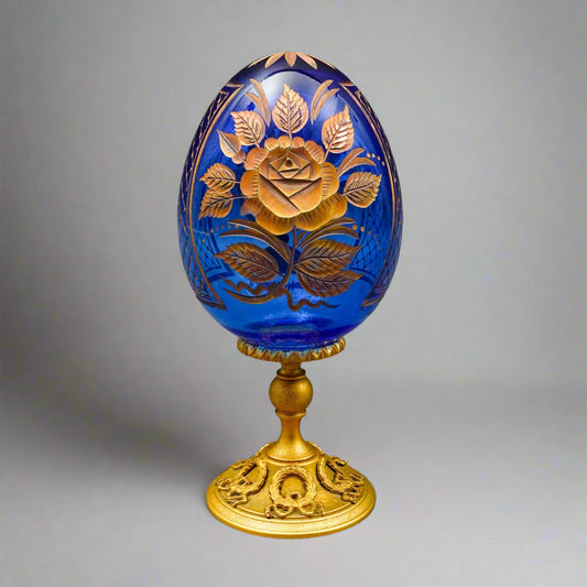 Faberge Cobalt Blue Cut Crystal Gold Gilt Rose Flower & Fruit Basket Egg #0681