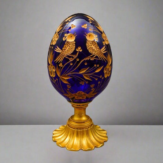 Style Of Faberge Cobalt Blue Cut Crystal Gold Gilt Floral Love Birds Egg