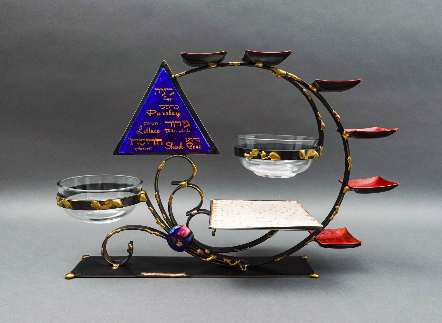 Gary Rosenthal Mixed Metal Fused Glass Judaica Hanukkah Seder Plate Sculpture
