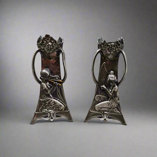 WMF Germany Pair Of Art Nouveau Silver Plated Girl With Harp Flute Vase (Read)