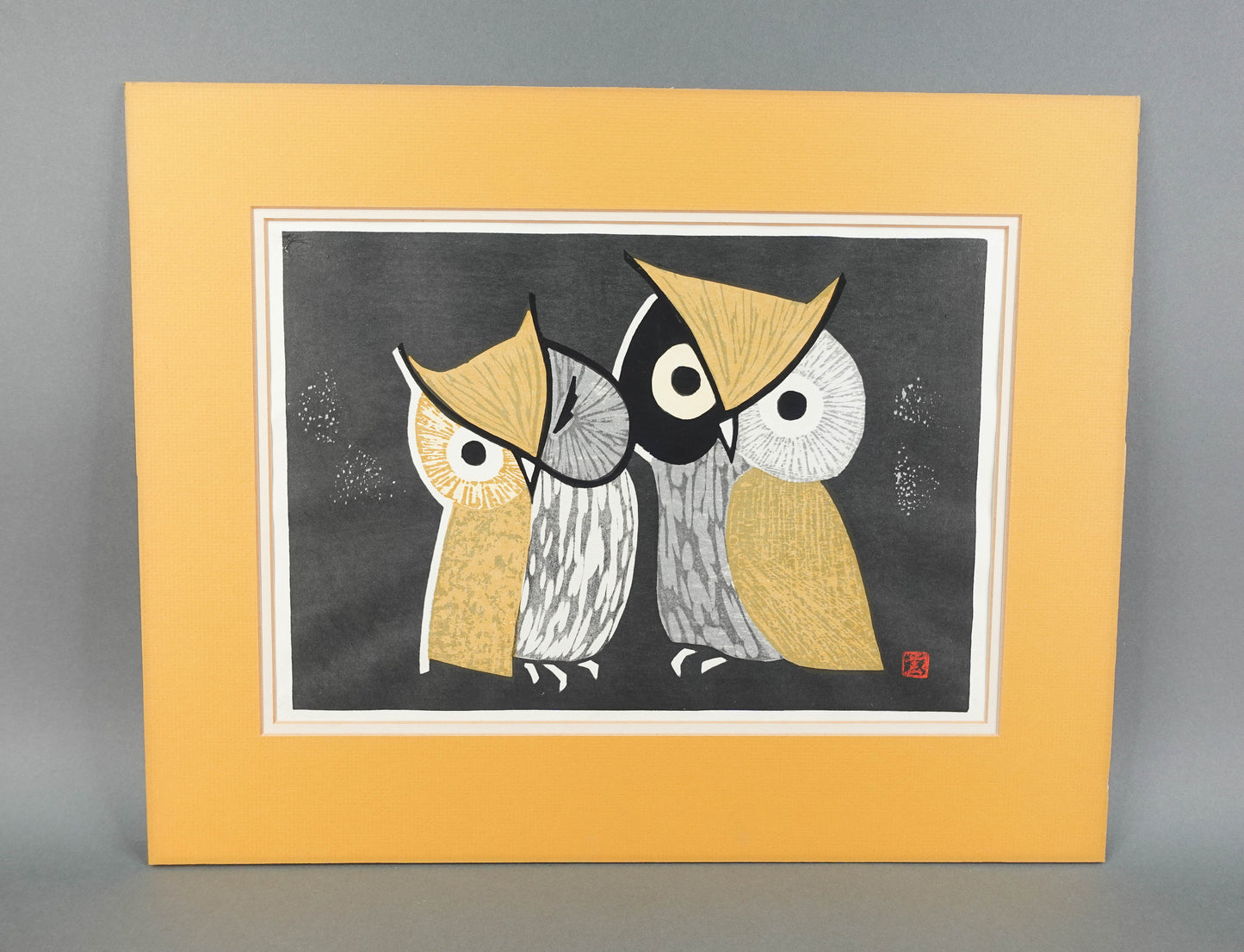 Kaoru Kawano (Japan, 1916-1965) "Three Eyes" Owls Woodblock Print With Seal MCM