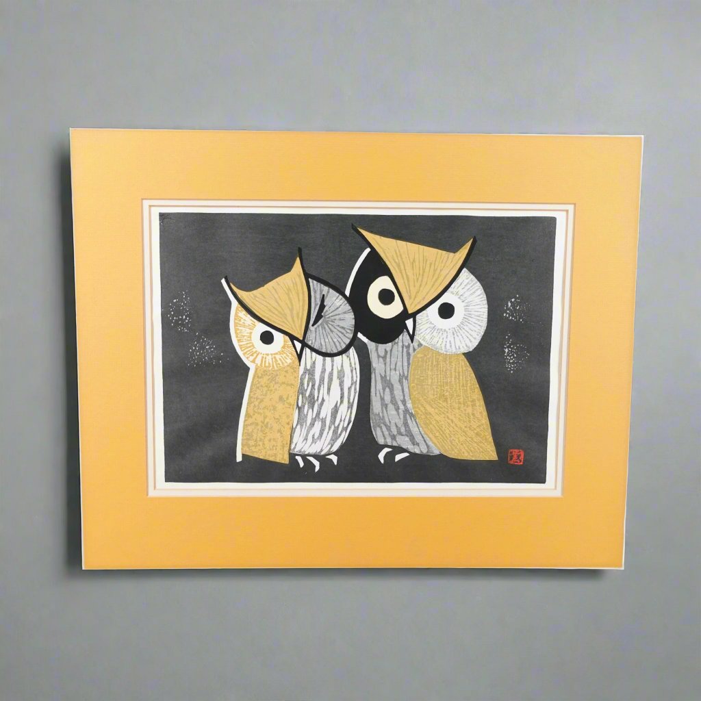 Kaoru Kawano (Japan, 1916-1965) "Three Eyes" Owls Woodblock Print With Seal MCM