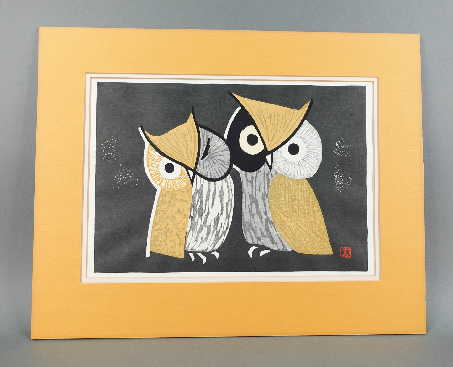 Kaoru Kawano (Japan, 1916-1965) "Three Eyes" Owls Woodblock Print With Seal MCM