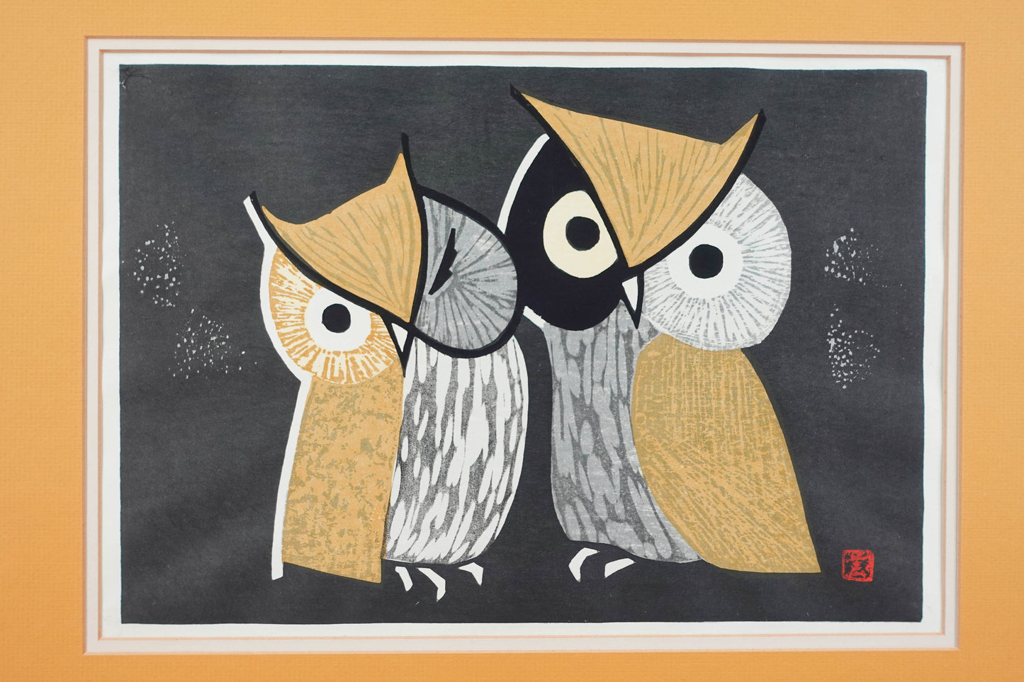 Kaoru Kawano (Japan, 1916-1965) "Three Eyes" Owls Woodblock Print With Seal MCM