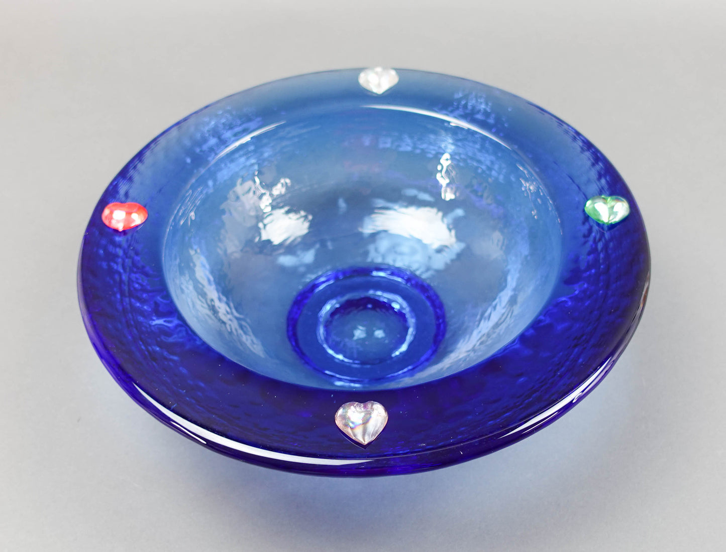 Fire and Light California Cobalt Blue Recycled Art Glass Wide Lipped Bowl Hearts