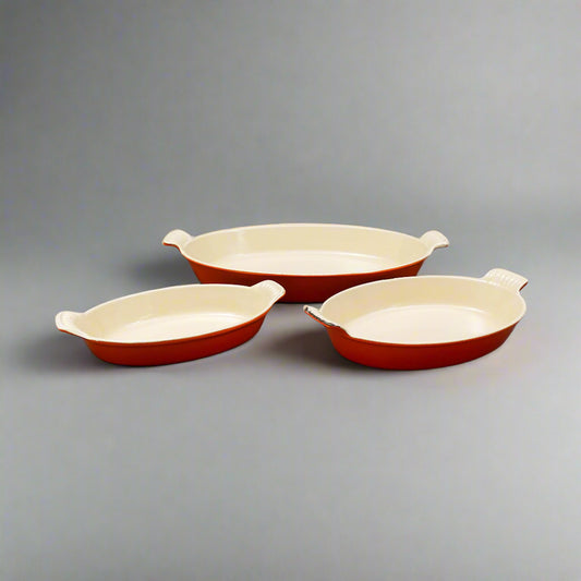 Le Creuset France Flame Orange Enamel Oval #36 #24 #20 Au Gratin Baker Set Of 3
