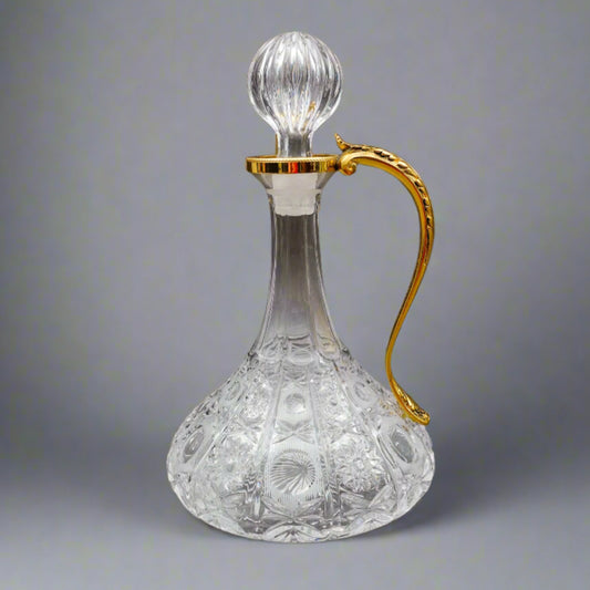 Bohemian Cut Glass Gold Leaf Motif Handle Crystal Decanter With Stopper