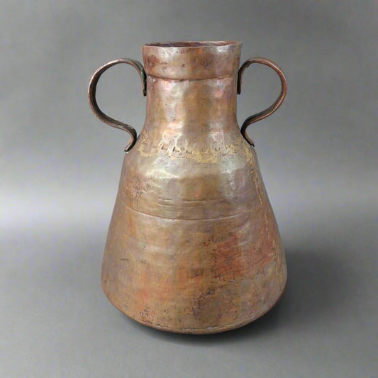 Antique Large Hand Hammered Copper Handled Urn Jug Vessel Pot Vase Dovetailed