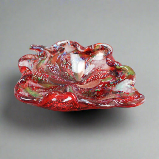 Vintage Murano Italy Ruby Red Leaf Colorful Confetti Glass Candy Dish Bowl