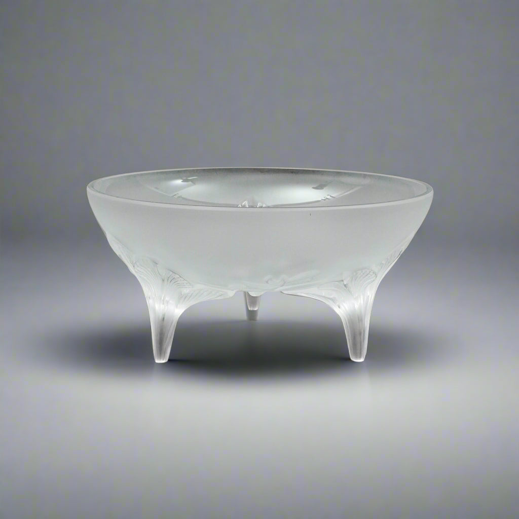Lalique France Signed Orchidee Lys Orchid Three Footed Crystal Centerpiece Bowl