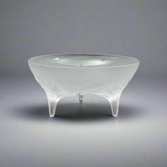 Lalique France Signed Orchidee Lys Orchid Three Footed Crystal Centerpiece Bowl