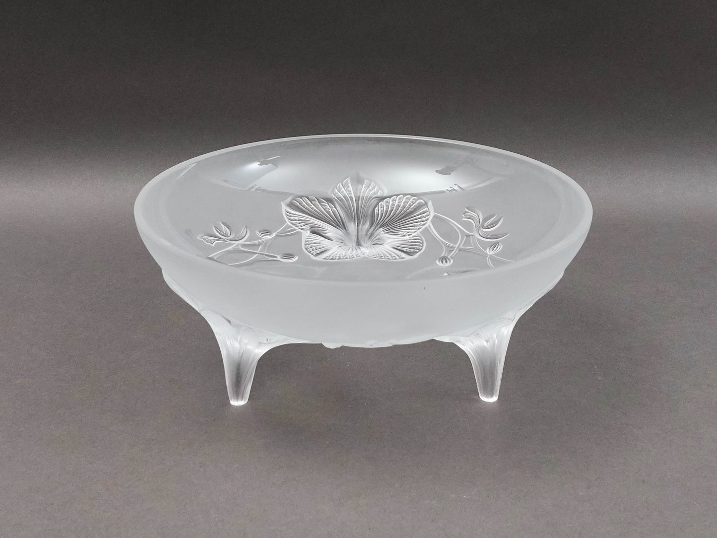 Lalique France Signed Orchidee Lys Orchid Three Footed Crystal Centerpiece Bowl