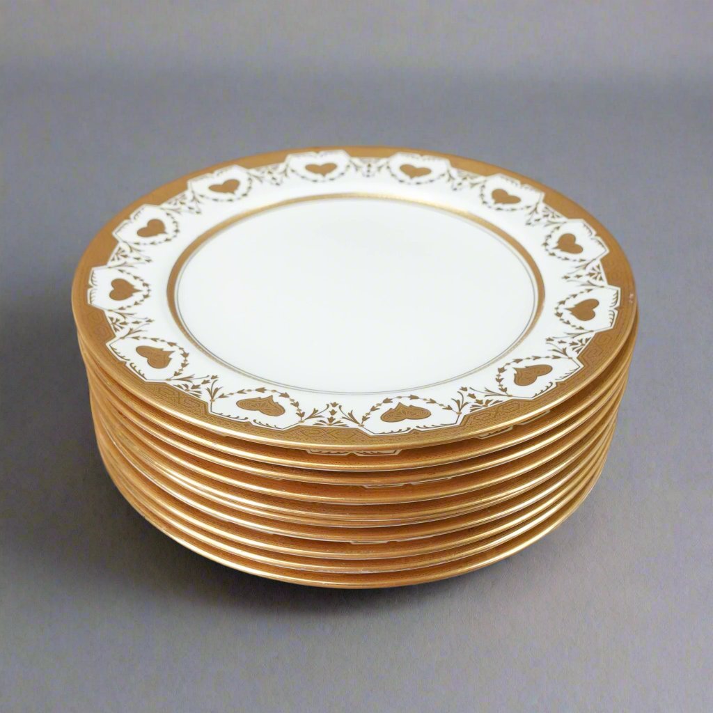 Crown Sutherland England Antique Heavy Gold Raised Heart Dinner Plates Set Of 10