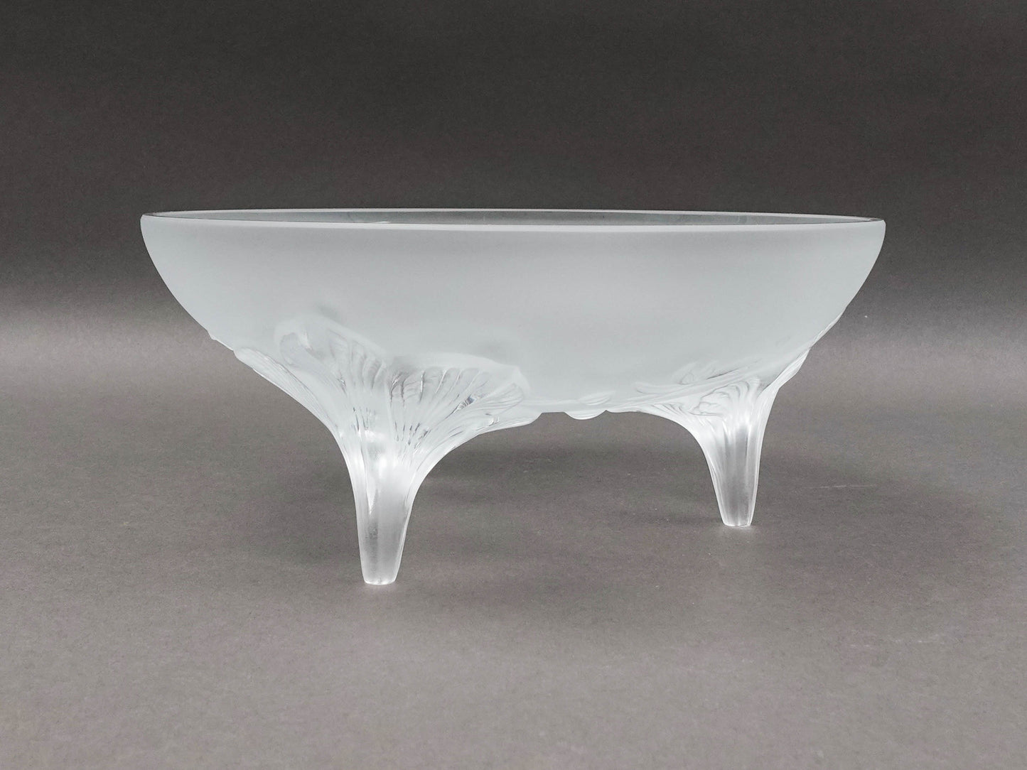 Lalique France Signed Orchidee Lys Orchid Three Footed Crystal Centerpiece Bowl
