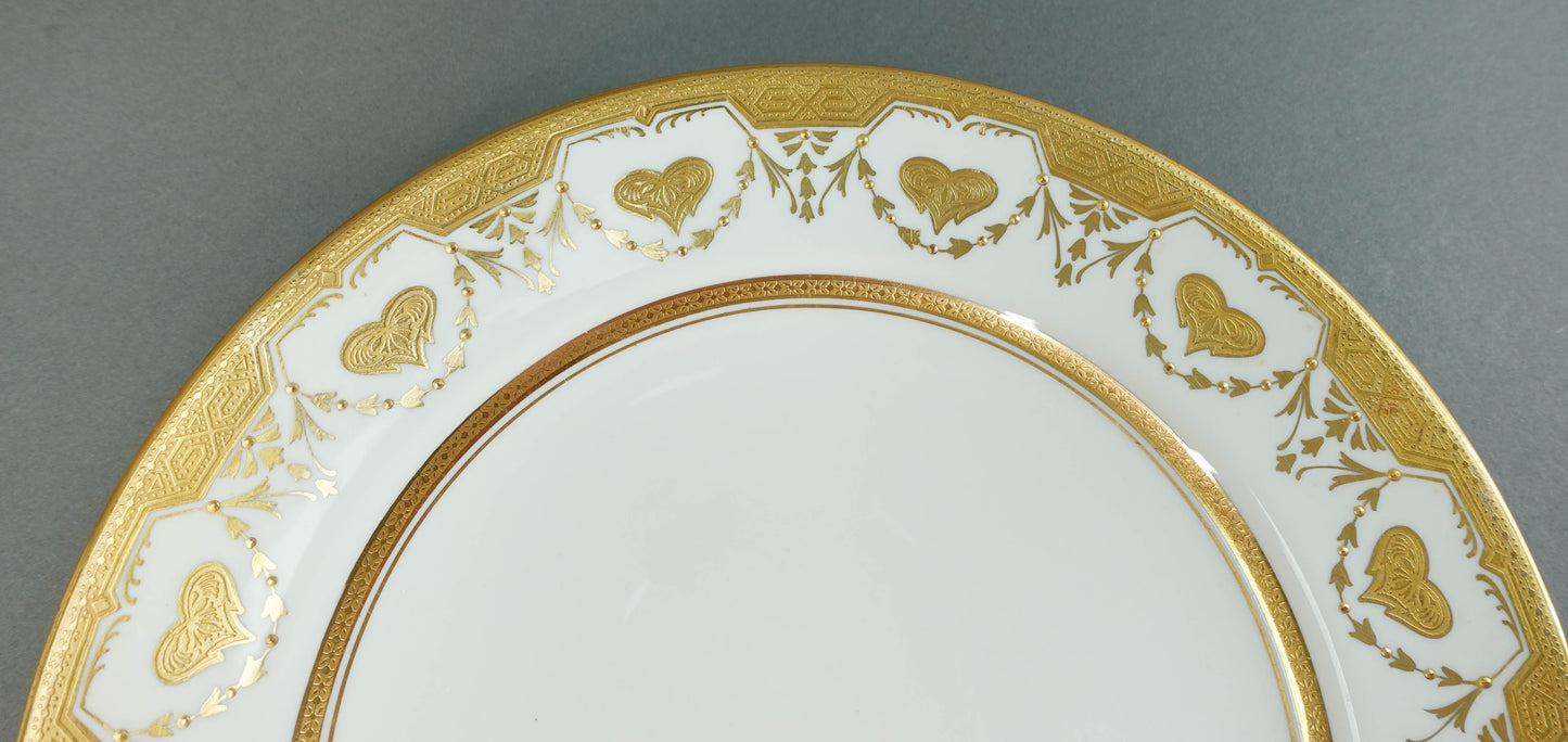 Crown Sutherland England Antique Heavy Gold Raised Heart Dinner Plates Set Of 10