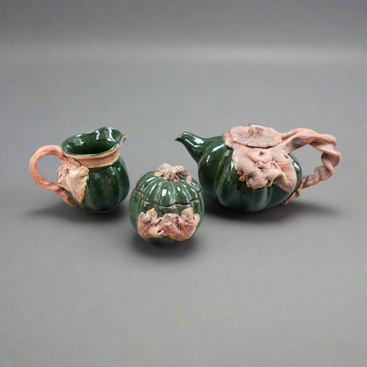 Terrafirma USA LSE 2001 Studio Pottery Clay Leaves Teapot Sugar Creamer Set