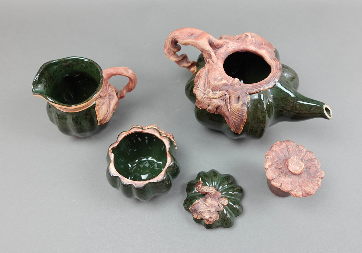 Terrafirma USA LSE 2001 Studio Pottery Clay Leaves Teapot Sugar Creamer Set