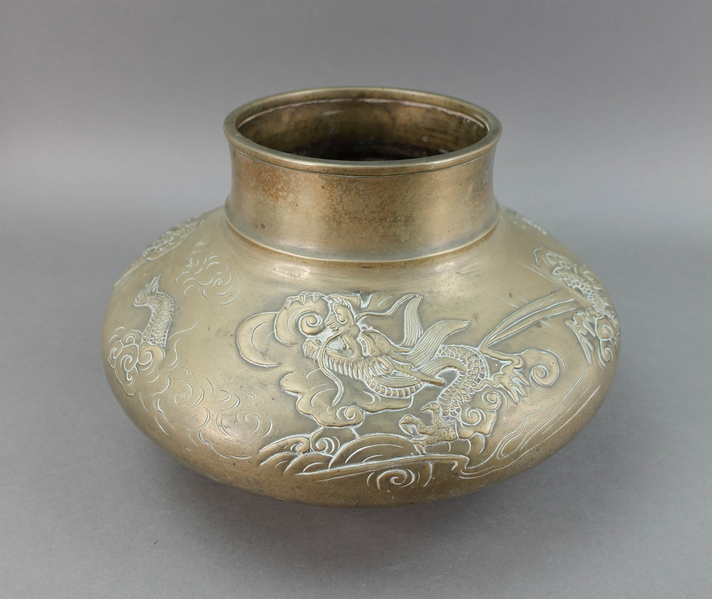 Old Japanese Bronze Dragons Flying Through Clouds Vase