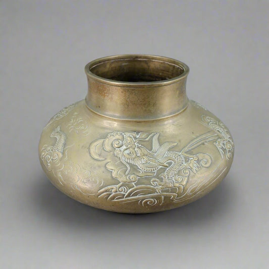 Old Japanese Bronze Dragons Flying Through Clouds Vase