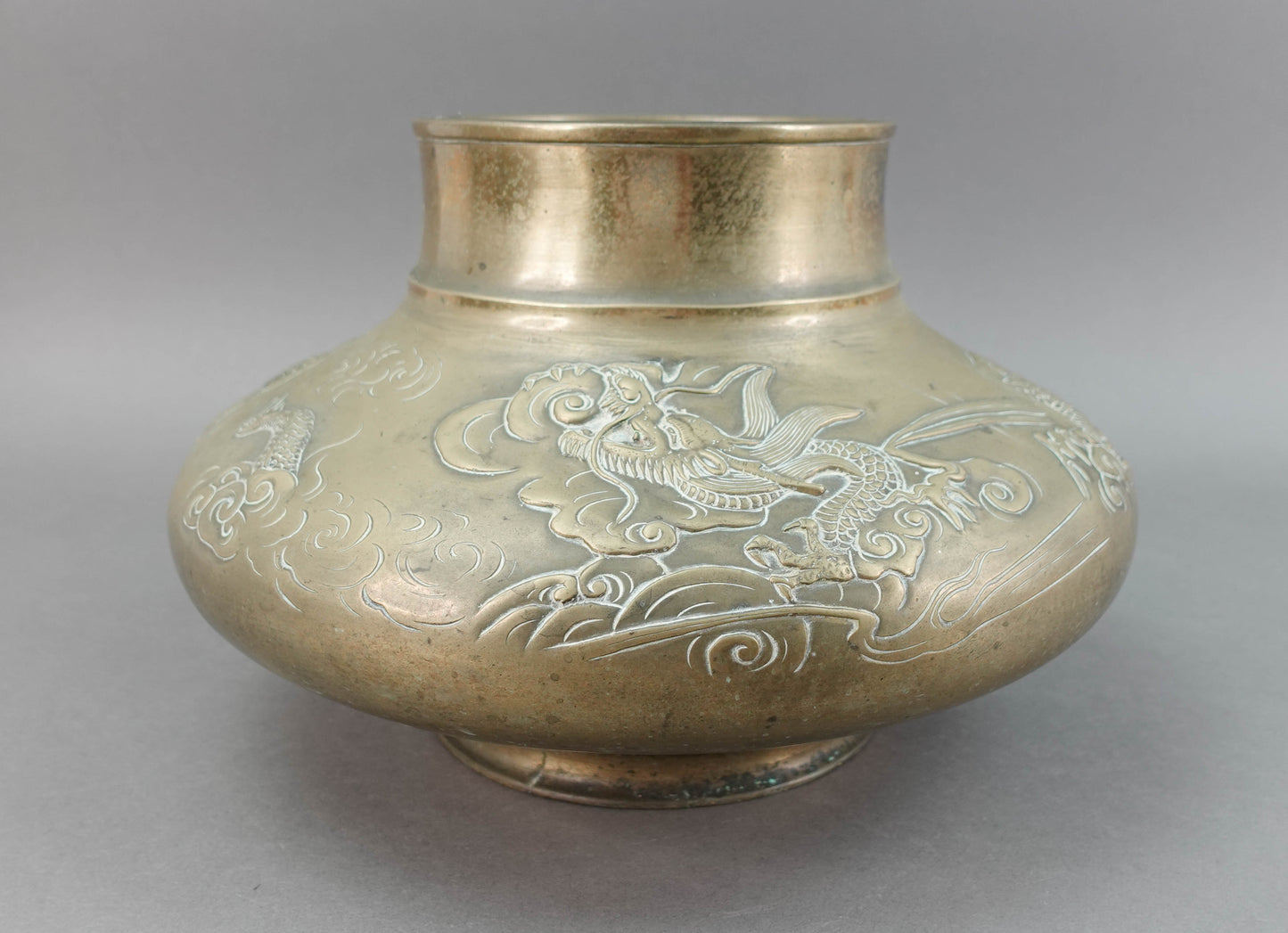 Old Japanese Bronze Dragons Flying Through Clouds Vase