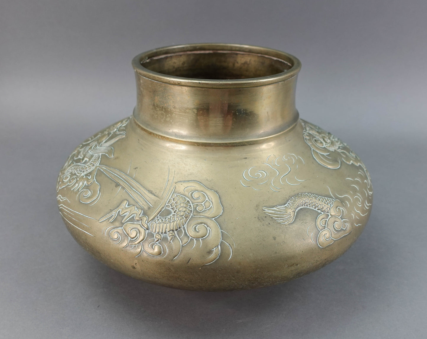 Old Japanese Bronze Dragons Flying Through Clouds Vase