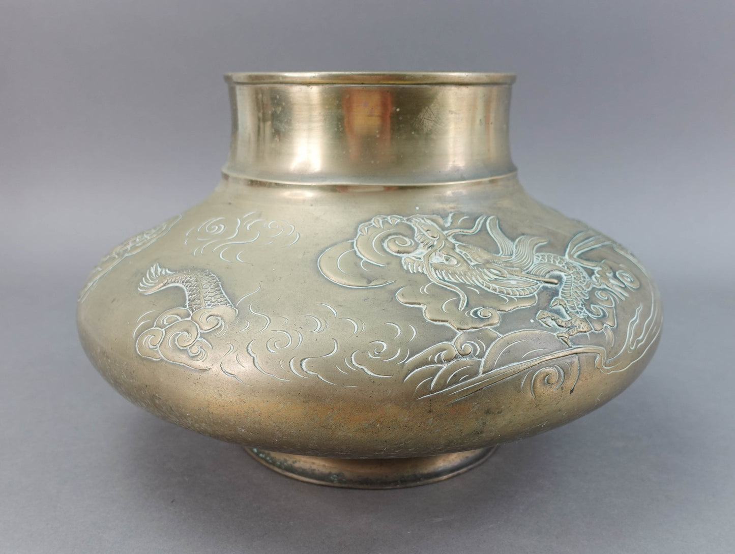 Old Japanese Bronze Dragons Flying Through Clouds Vase