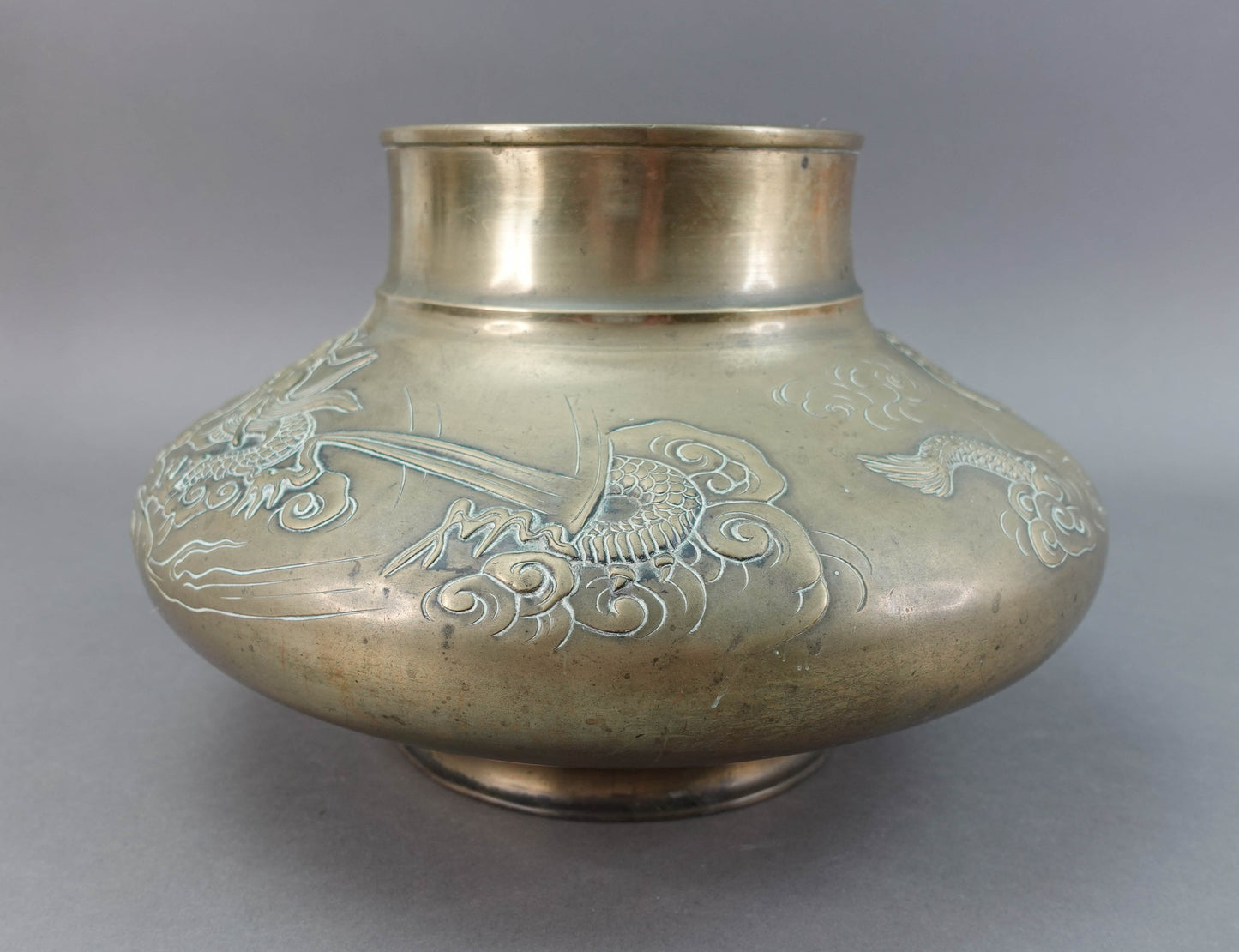 Old Japanese Bronze Dragons Flying Through Clouds Vase