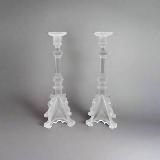 Val St Lambert Signed Pair Of Frosted Crystal Candlestick Candle Holders