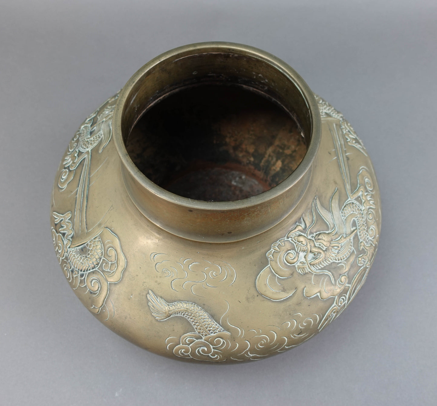 Old Japanese Bronze Dragons Flying Through Clouds Vase