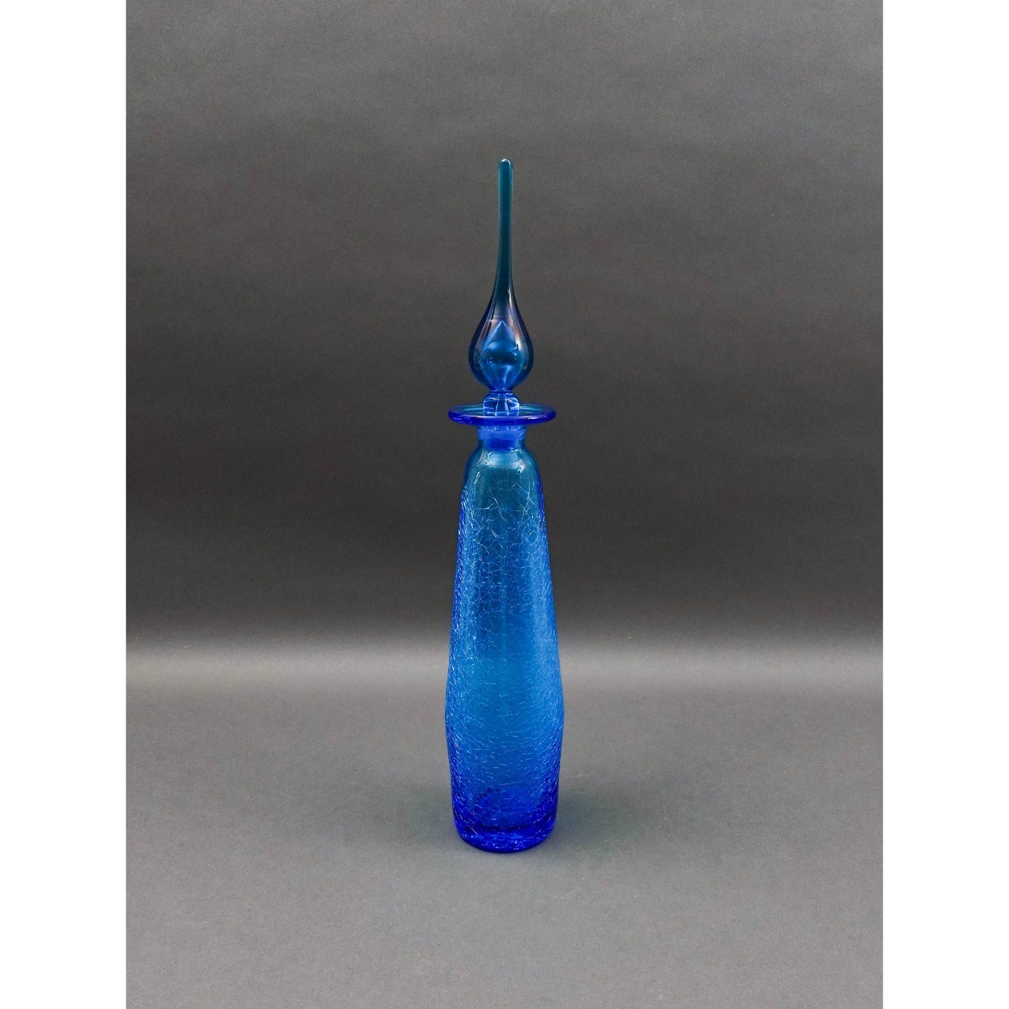 Rainbow MCM #9701 Blue Art Glass Crackle Long John Decanter Genie Bottle 20 1/2"