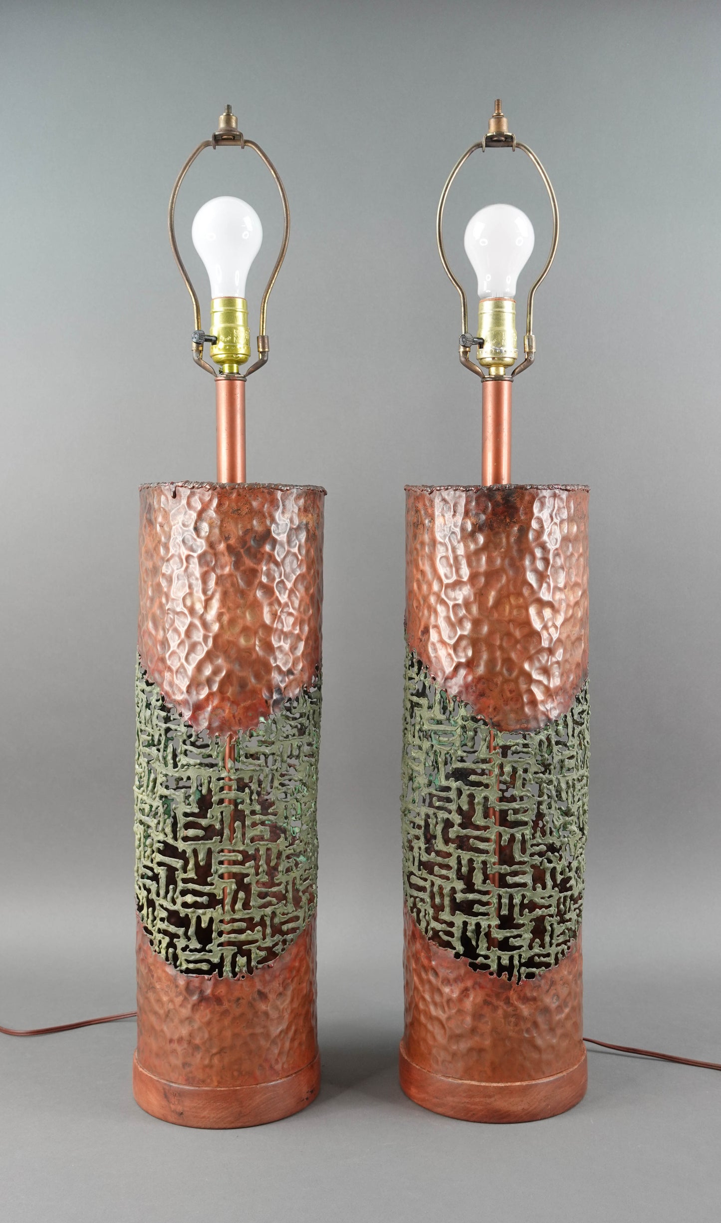 Marcello Fantoni Raymor MCM Brutalist Torch Cut Copper Sculptural Table Lamps