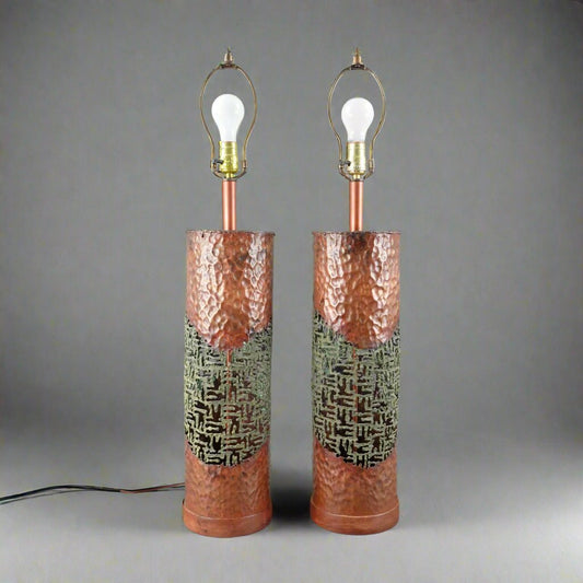 Marcello Fantoni Raymor MCM Brutalist Torch Cut Copper Sculptural Table Lamps