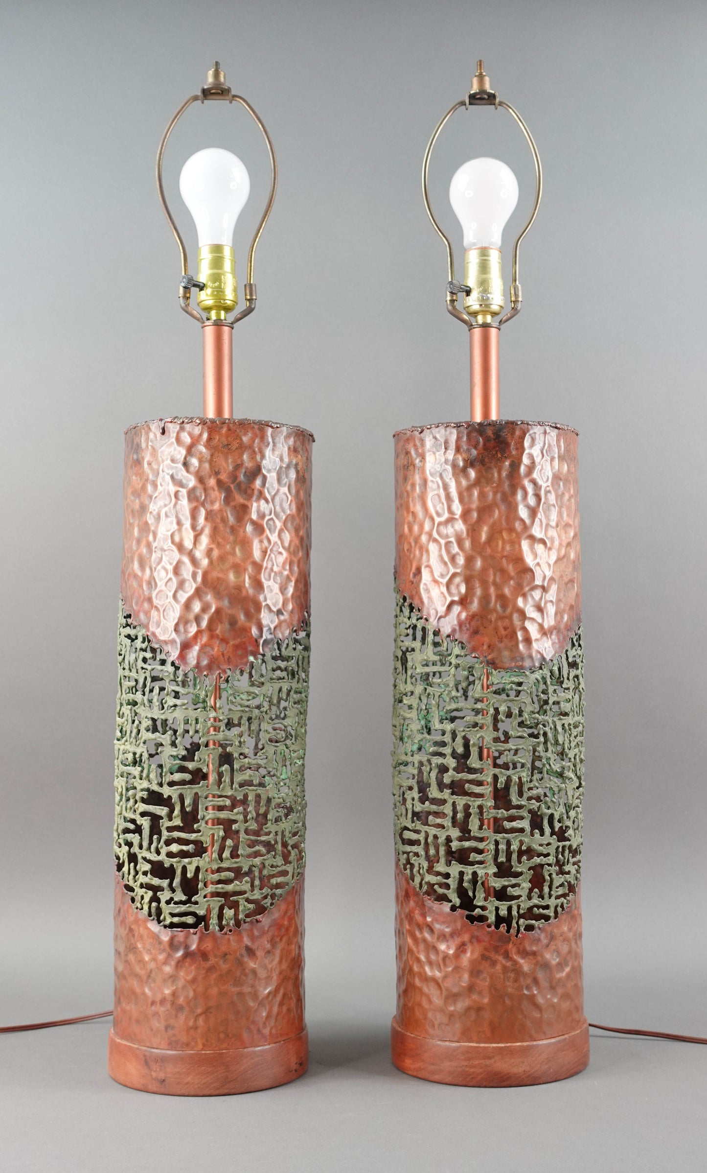 Marcello Fantoni Raymor MCM Brutalist Torch Cut Copper Sculptural Table Lamps