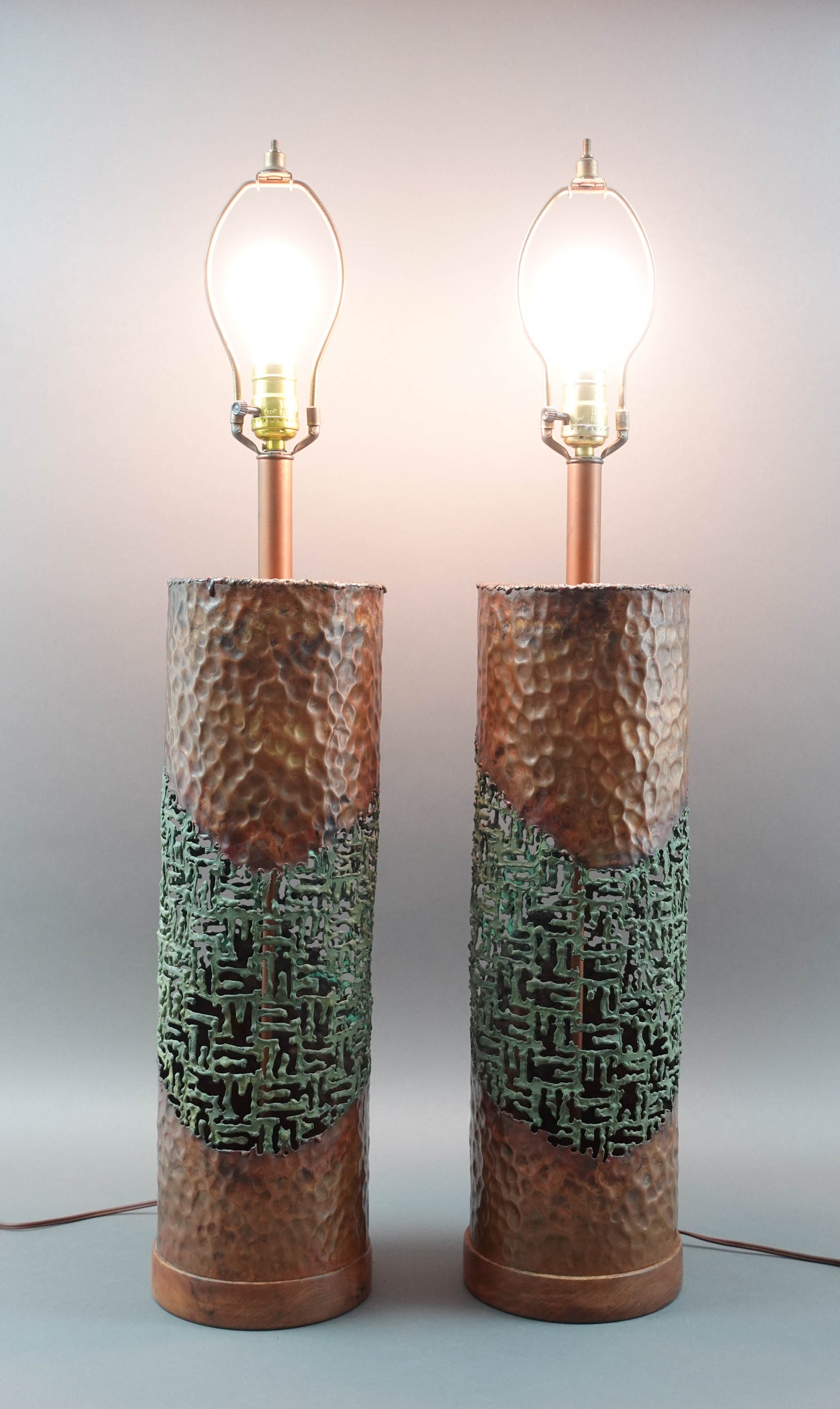 Marcello Fantoni Raymor MCM Brutalist Torch Cut Copper Sculptural Table Lamps