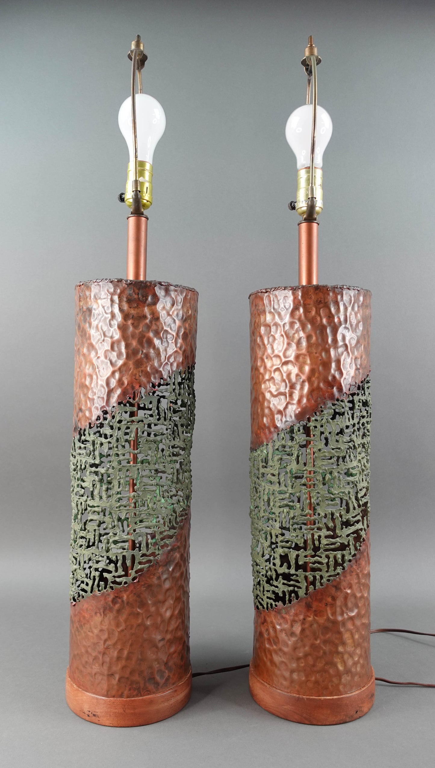 Marcello Fantoni Raymor MCM Brutalist Torch Cut Copper Sculptural Table Lamps