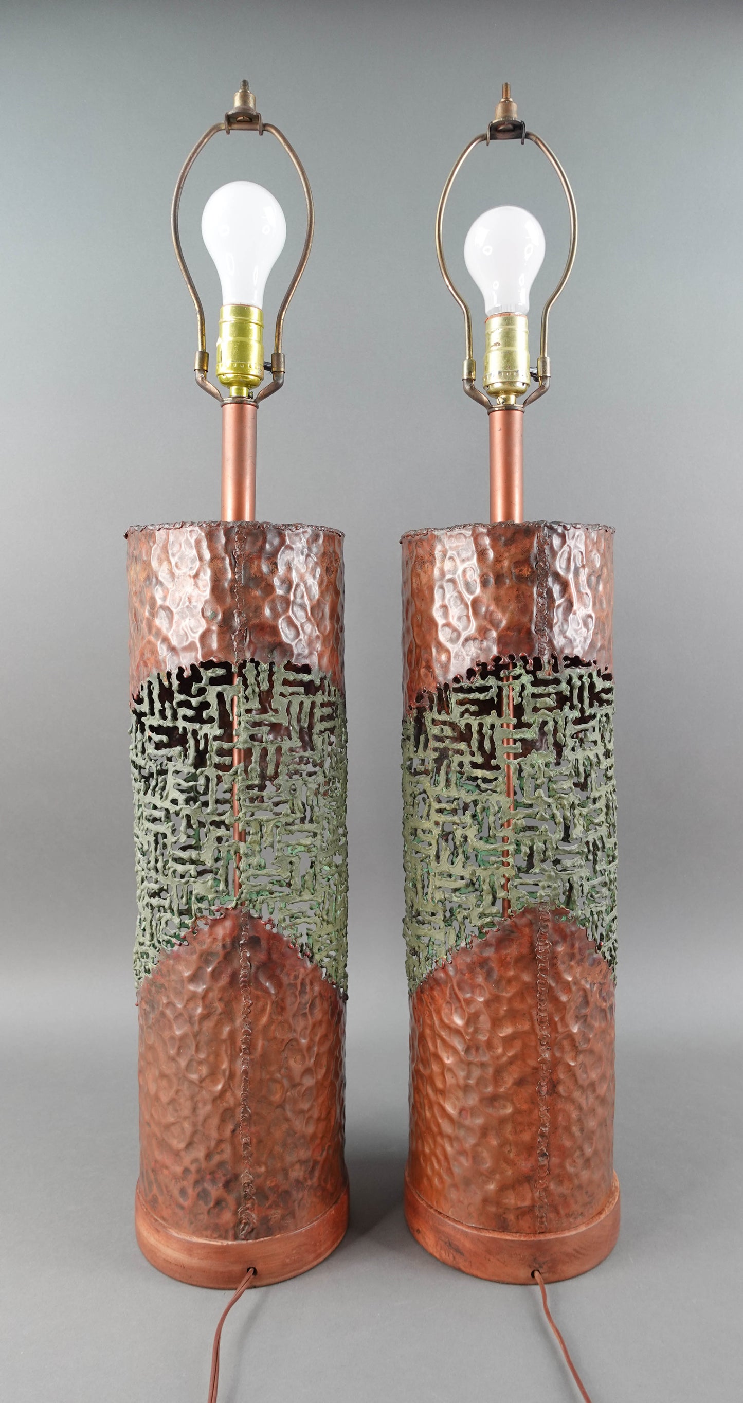 Marcello Fantoni Raymor MCM Brutalist Torch Cut Copper Sculptural Table Lamps