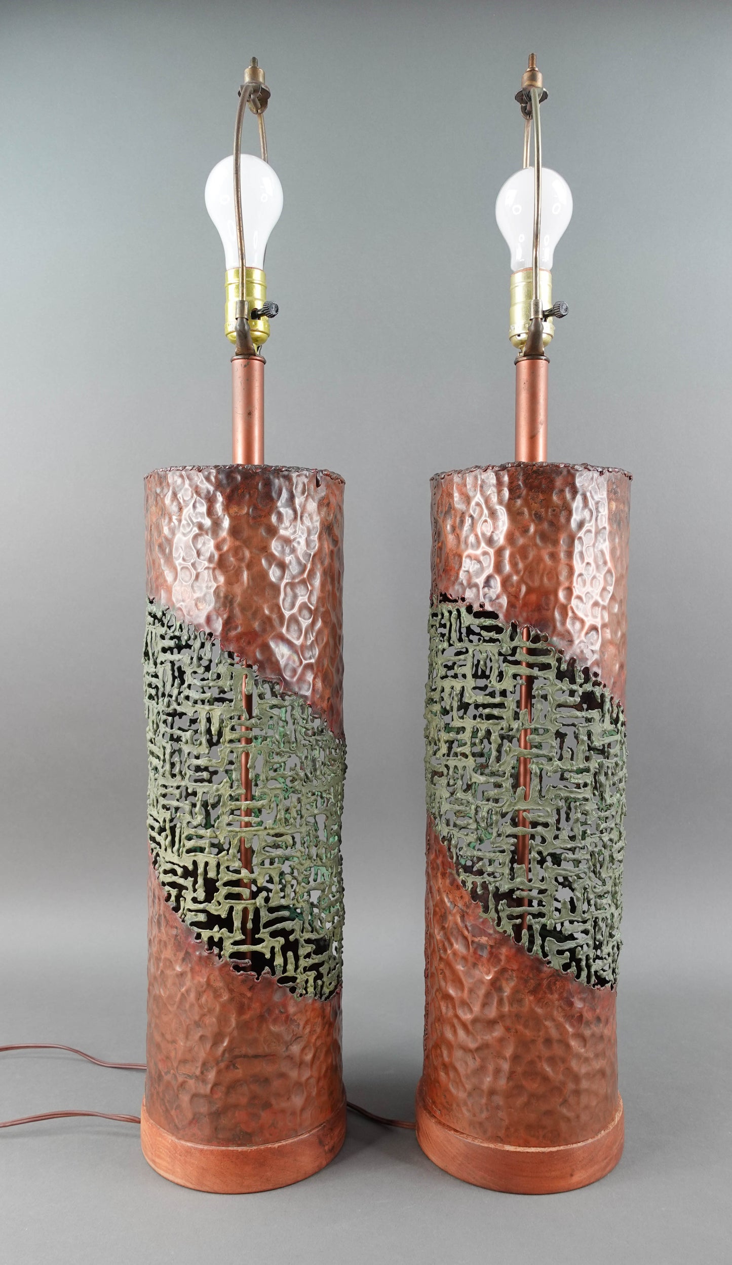 Marcello Fantoni Raymor MCM Brutalist Torch Cut Copper Sculptural Table Lamps