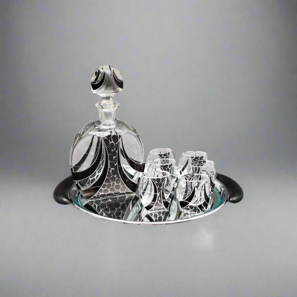 Carl Palda Haida Czech Bohemian Art Deco Decanter 6 Glasses Set With Tray (Read)