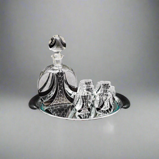 Carl Palda Haida Czech Bohemian Art Deco Decanter 6 Glasses Set With Tray (Read)