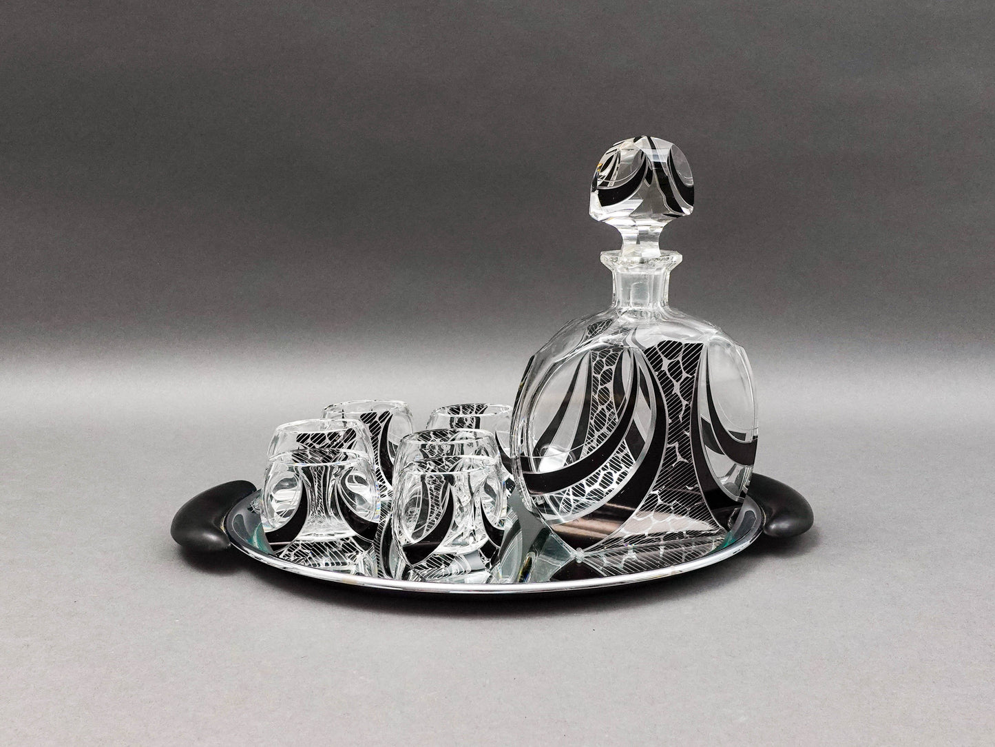 Carl Palda Haida Czech Bohemian Art Deco Decanter 6 Glasses Set With Tray (Read)