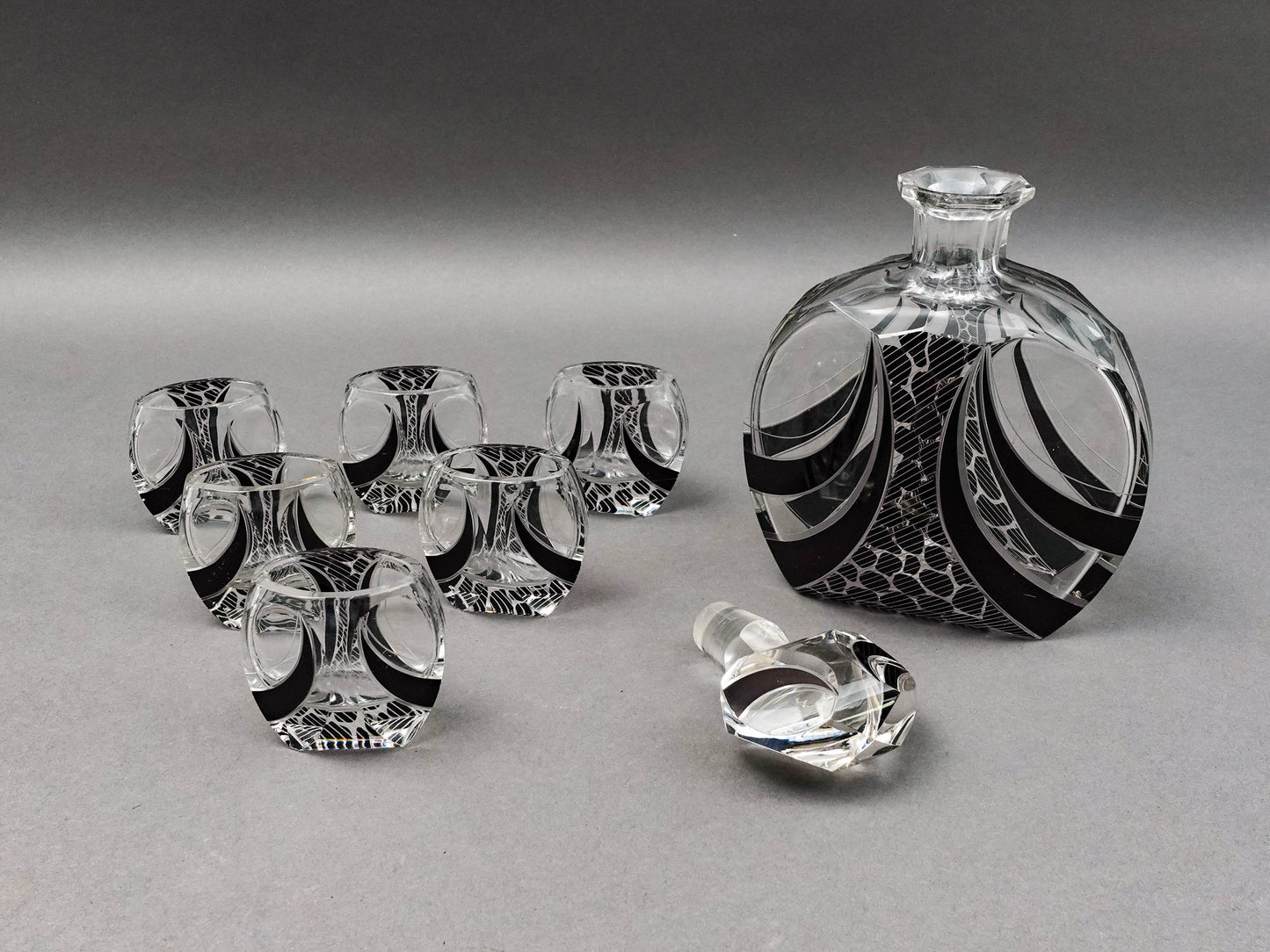 Carl Palda Haida Czech Bohemian Art Deco Decanter 6 Glasses Set With Tray (Read)
