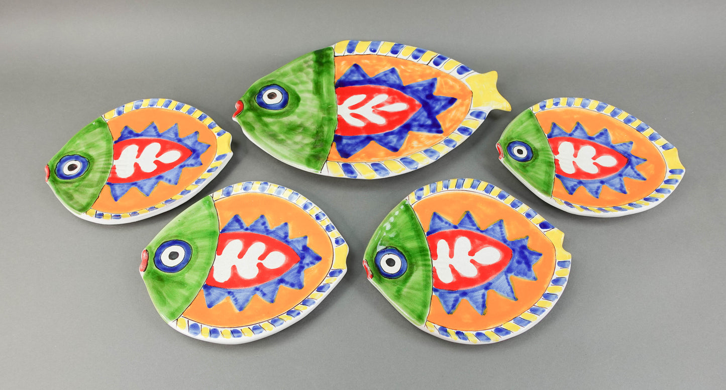 Giovanni Desimone Vintage MCM Italian Majolica Pottery Fish Platter + 4 Plates