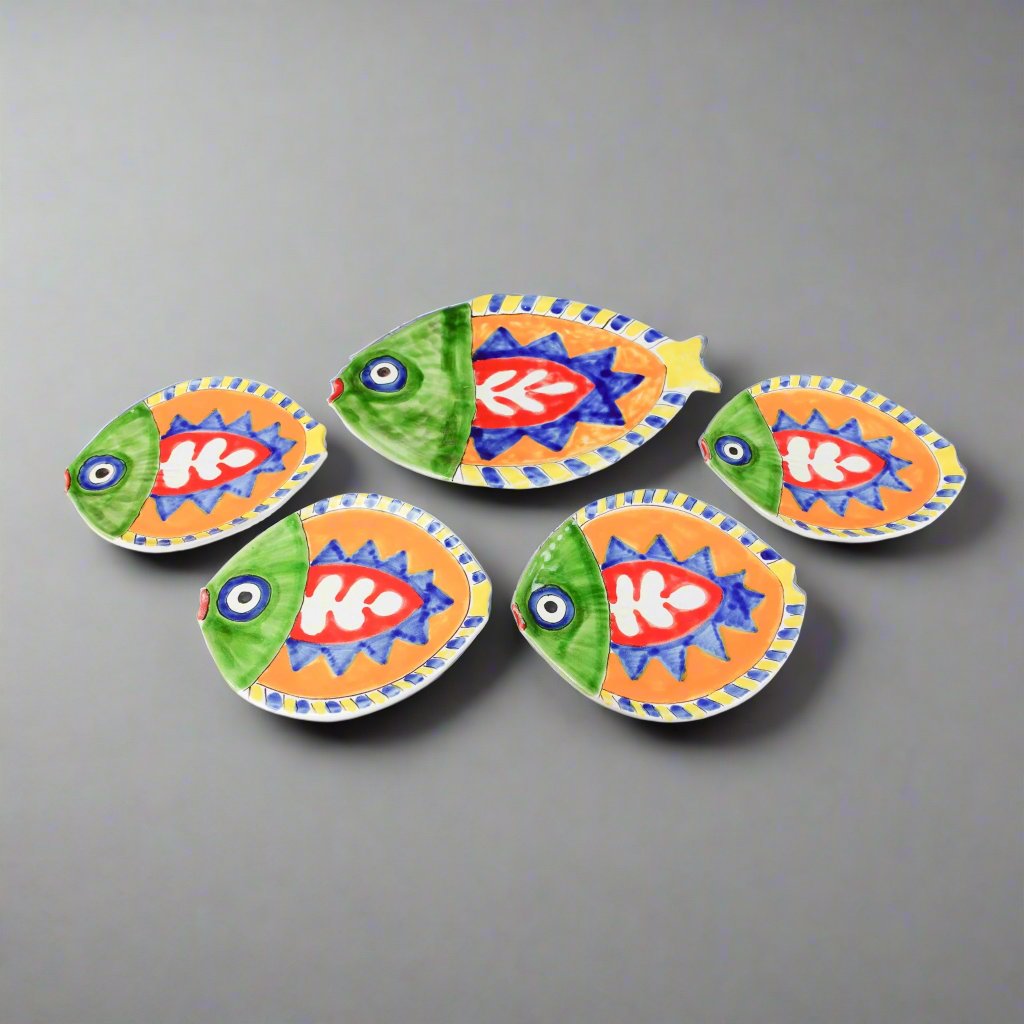 Giovanni Desimone Vintage MCM Italian Majolica Pottery Fish Platter + 4 Plates