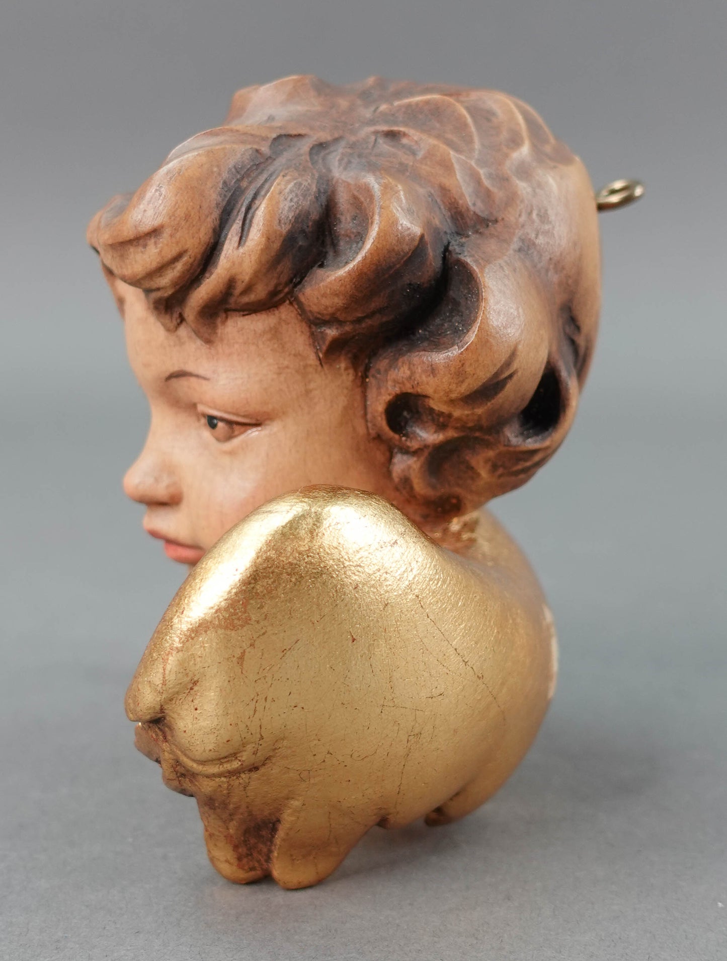 Anri Italy Vintage Hand Carved Wood Cherub Angel Putti Head Christmas Ornament