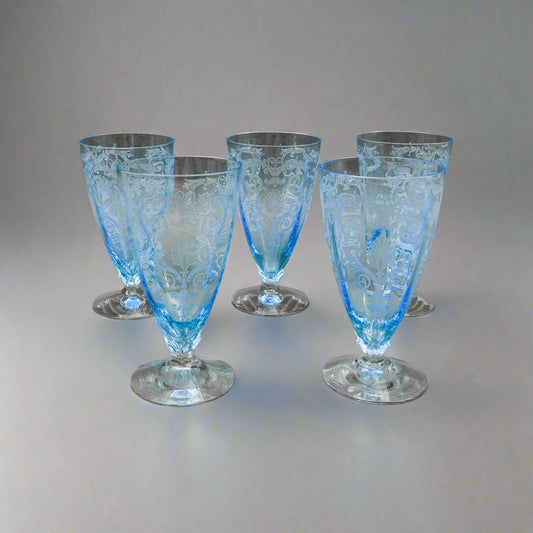 Fostoria Versailles Azure Blue Crystal 5 1/4" Parfait Tumbler Glasses Set Of 5